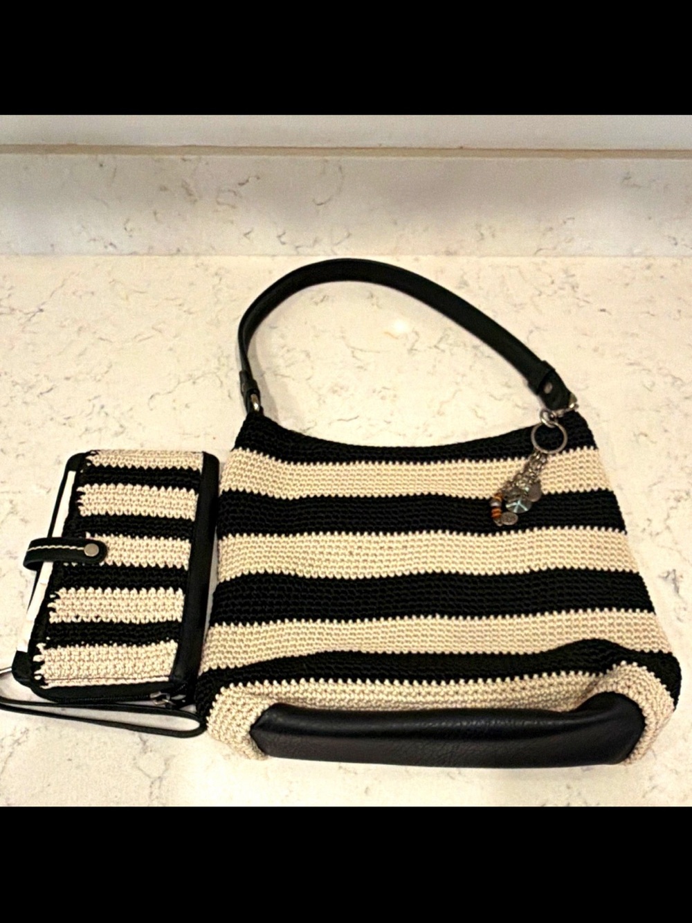 The Sak Black Beige Striped Shoulder Bag Zip Leather Strap With Wallet Purse